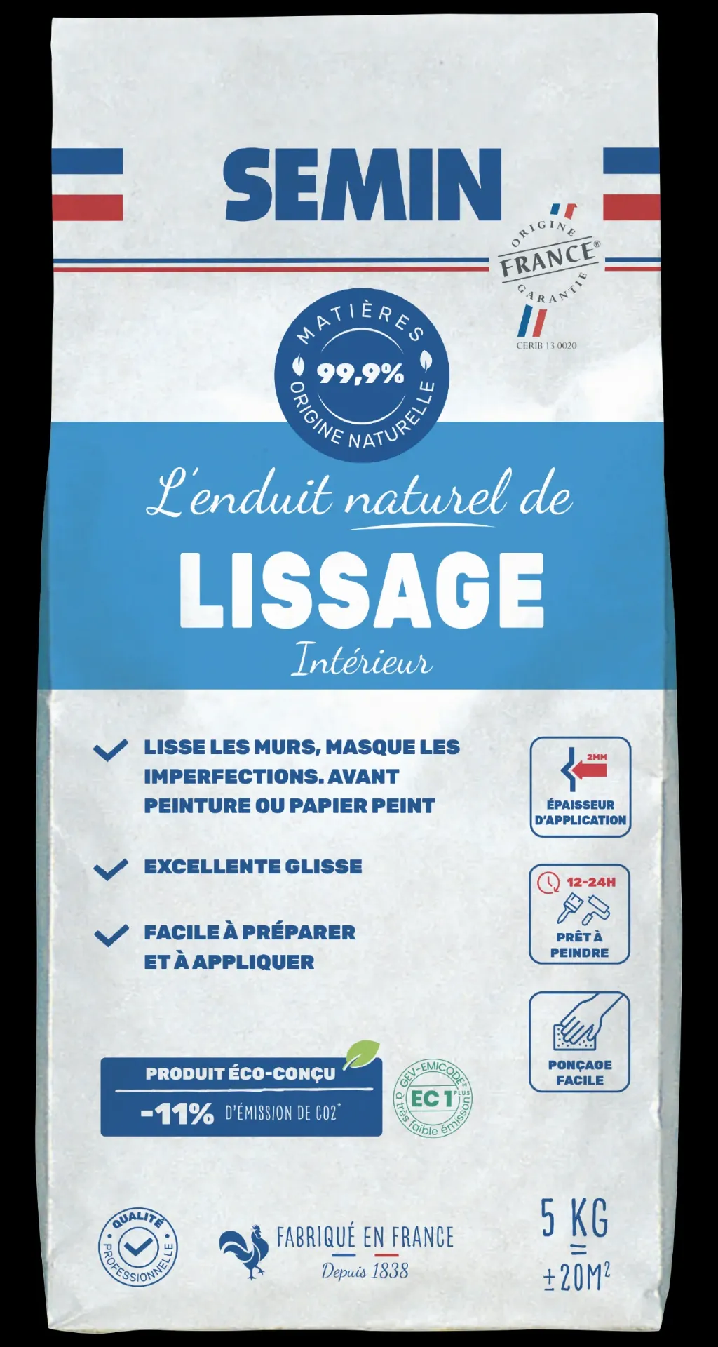 [A11149] ENDUIT NATUREL DE LISSAGE Intérieur 5kg | SEMIN