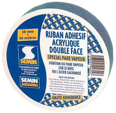 [A04624] RUBAN ADHESIF ACRYLIQUE DOUBLE FACE SPECIAL PARE-VAPEUR 38mm X 50M | SEMIN