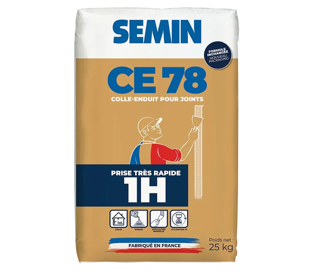 [A00652] CE 78 ENDUIT POUR JOINT DE PLAQUES DE PLATRES PRISE 1H SAC 25KG | SEMIN